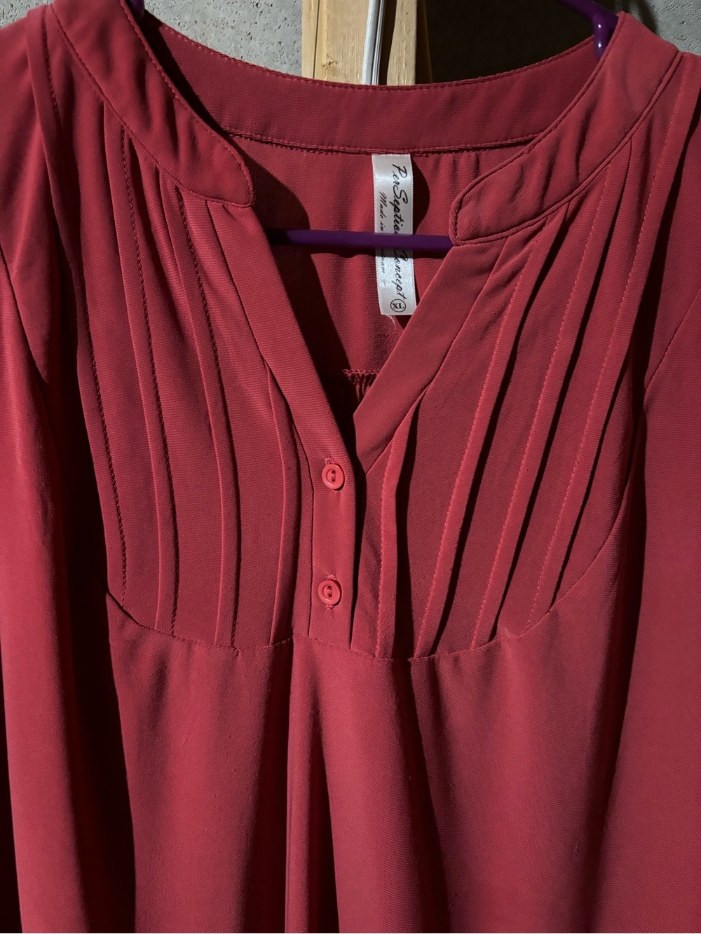 PerSeption Concept Coral-Red Pleated Henley Long Sleeve Top